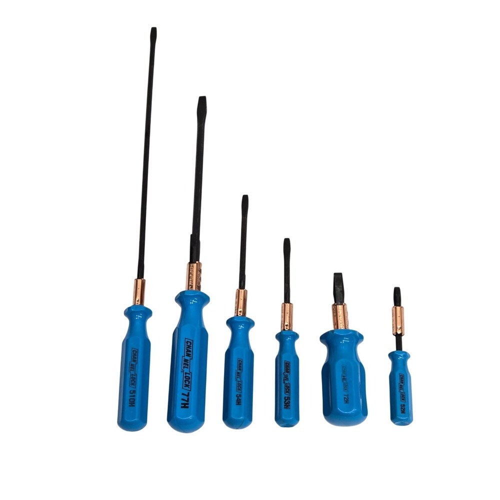 Channellock HOLD-E-ZEE Flat Head Screwdriver 6pc Blue Handle USA 510,77,54,72,53